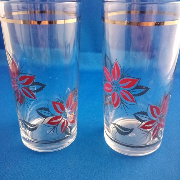 2 Vintage mid century Bormioli glasses red and gold flowers poinsettias - Picture 3 of 9